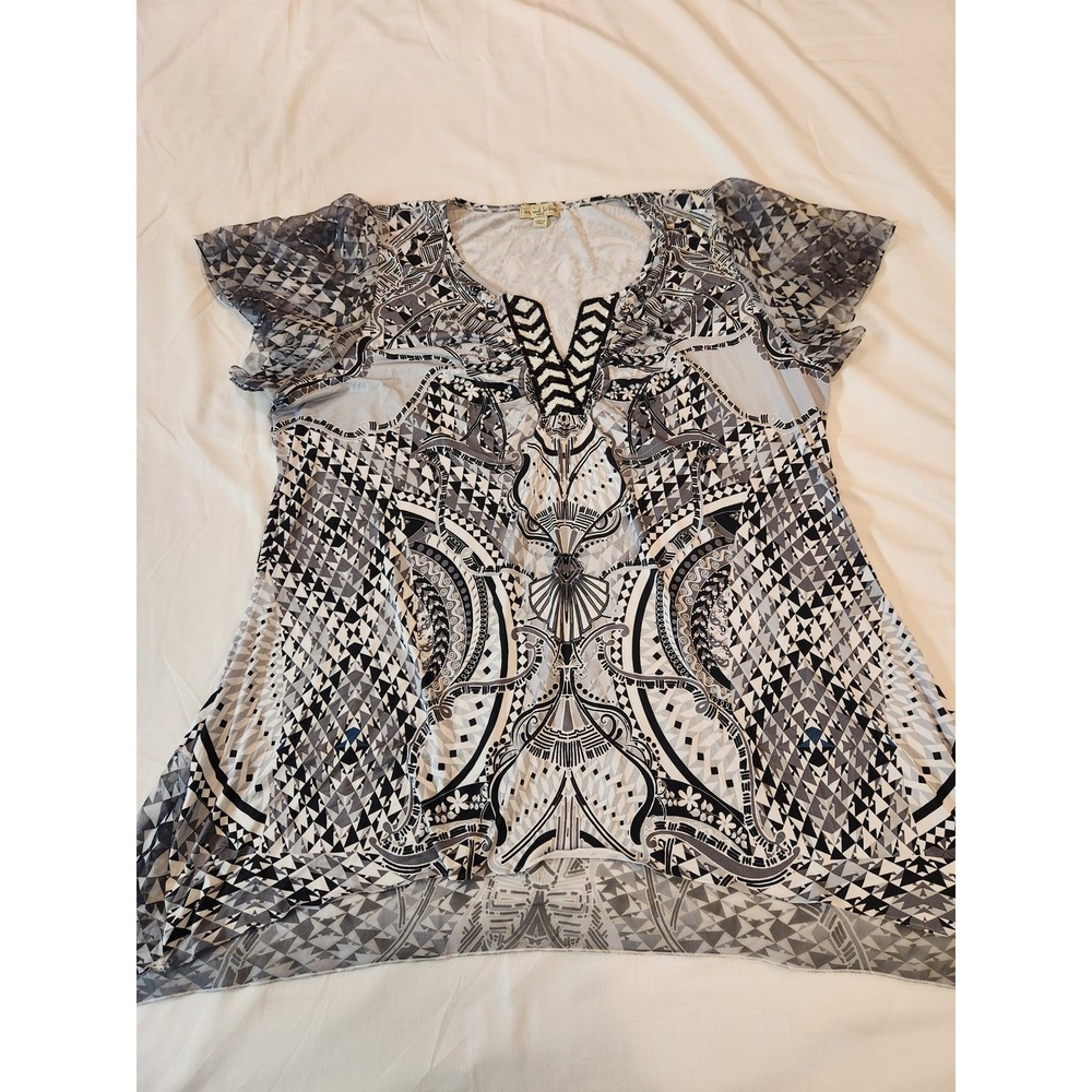 Live Let Live Woman 3X Geometric Sequin V-Neck Flutter Sleeve Tunic Top Sheer - Picture 7 of 14